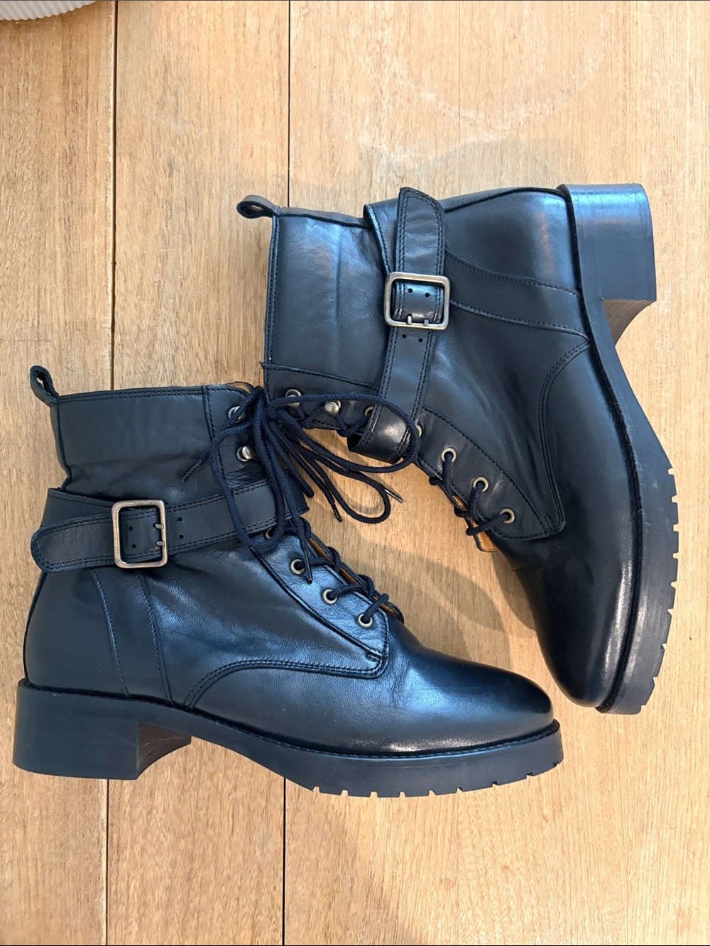 Sezane Black Leather Dana Lace-Up Low Boots with Buckle